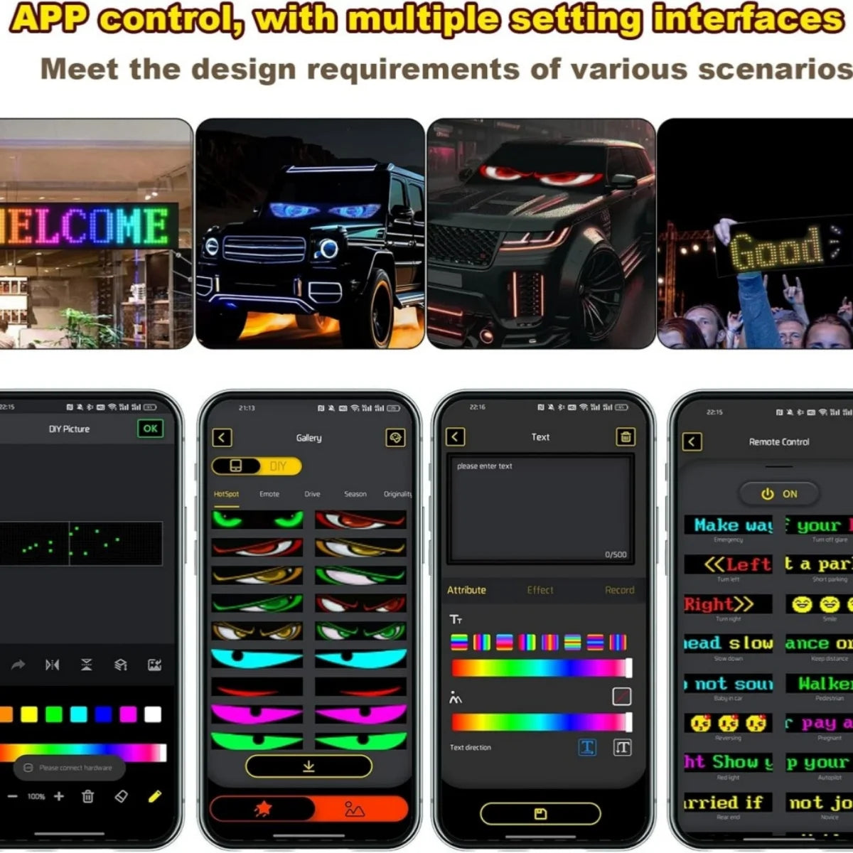 USB Dynamic Devil Eyes Truck Windshield Scrolling Advertising APP Bluetooth Control Automotive DIY LED Matrix Pixel Board Remote