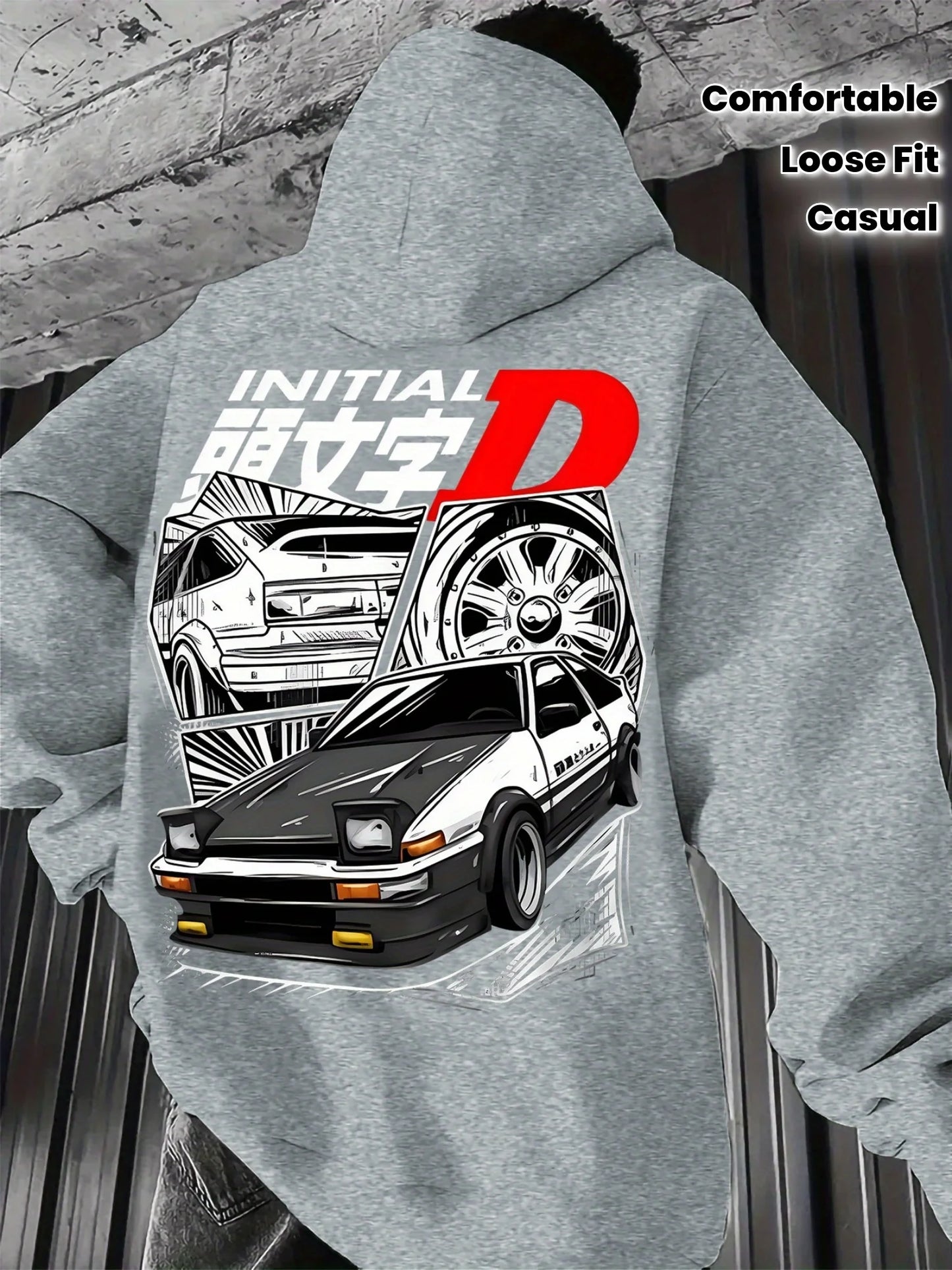 Black Hooded Sweatshirt Featuring Initial D Logo with Iconic JDM Car Illustration, Men's Anime Pullover