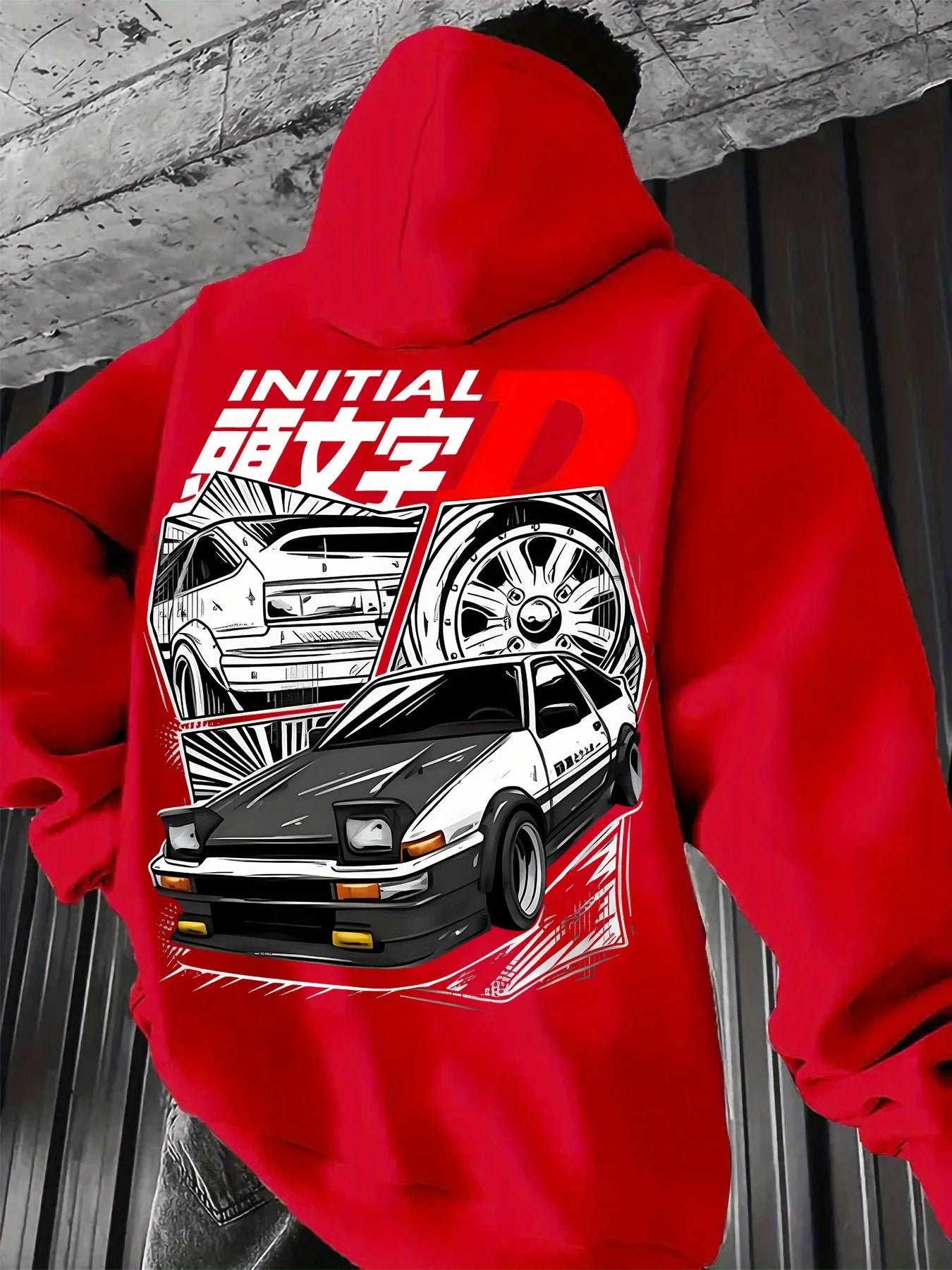 Black Hooded Sweatshirt Featuring Initial D Logo with Iconic JDM Car Illustration, Men's Anime Pullover