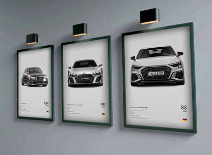German Luxury Cars Photography Poster – Audi RS3, R8, GTR, C8 Supercar & SUV Canvas Wall Art for Home & Office Decor