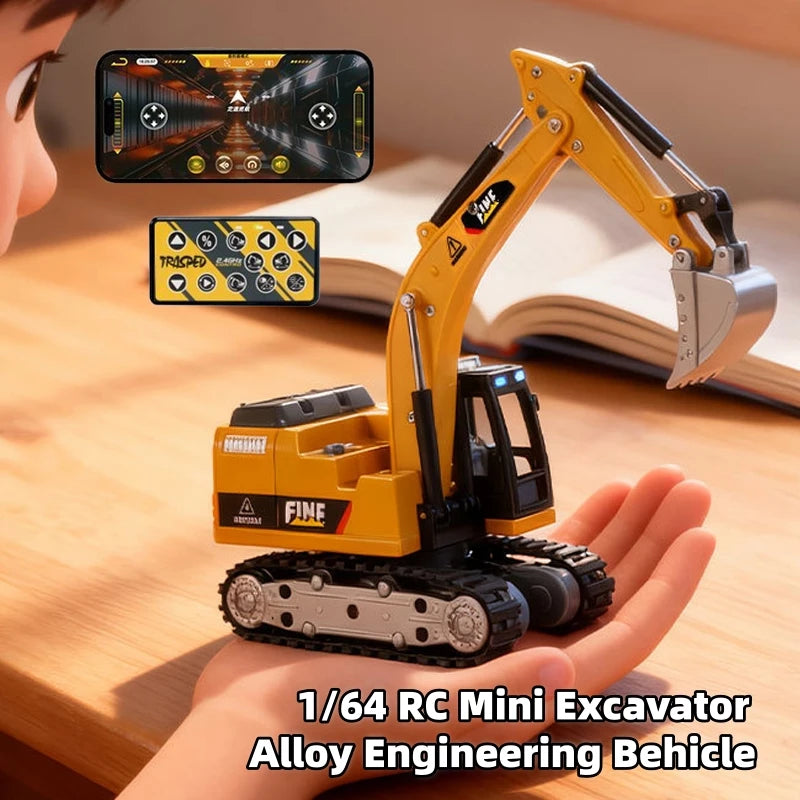 1/64 Mini RC Excavator Children's Toy Desktop Remote Control Truck Simulation Alloy Engineering Vehicle Toys Car Christmas Gifts