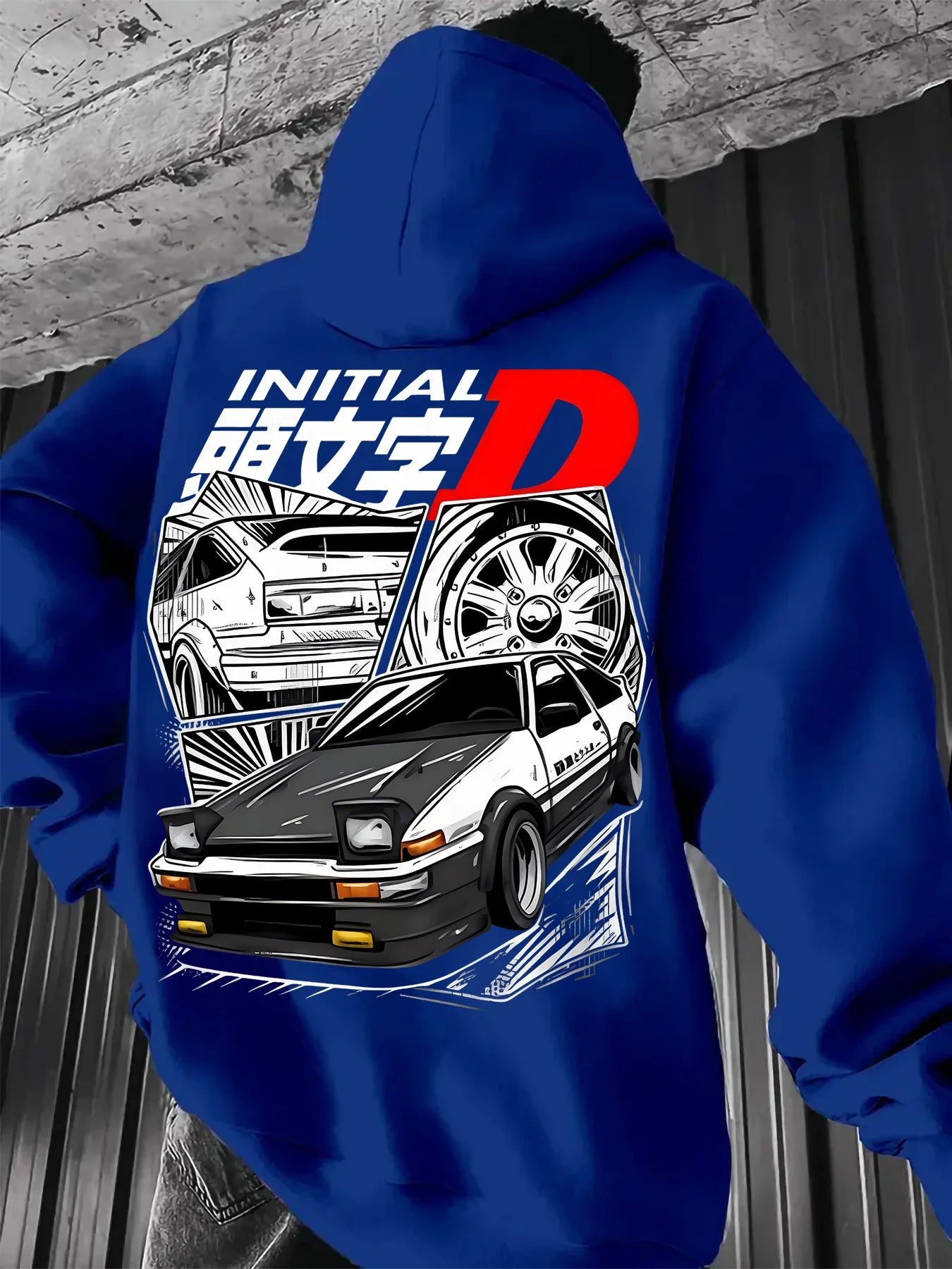 Black Hooded Sweatshirt Featuring Initial D Logo with Iconic JDM Car Illustration, Men's Anime Pullover