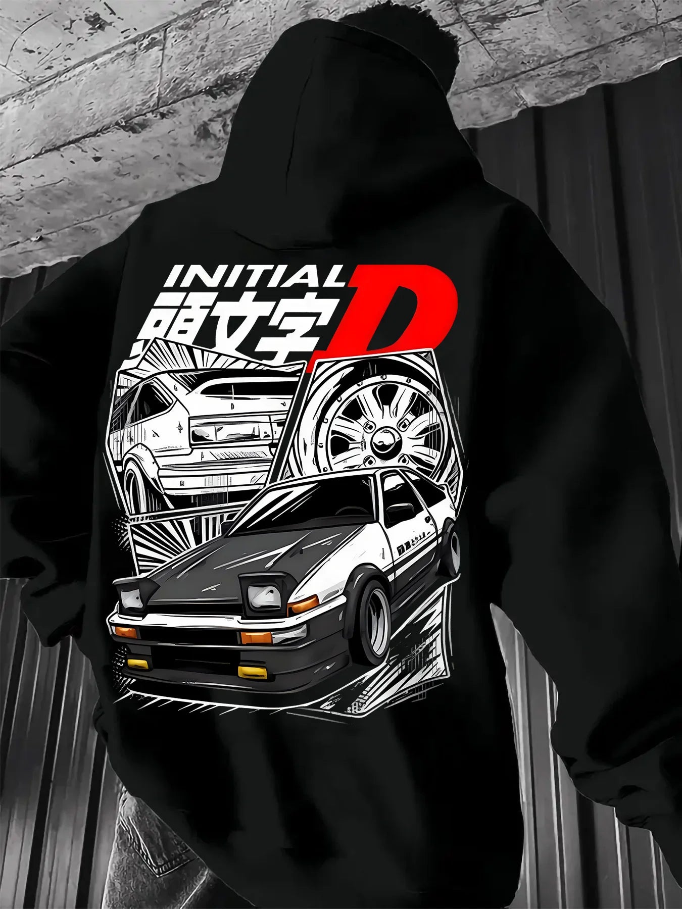 Black Hooded Sweatshirt Featuring Initial D Logo with Iconic JDM Car Illustration, Men's Anime Pullover