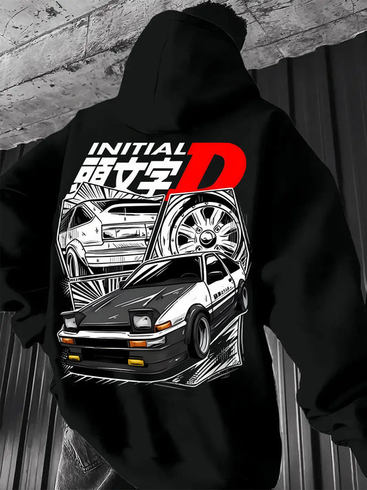 Black Hooded Sweatshirt Featuring Initial D Logo with Iconic JDM Car Illustration, Men's Anime Pullover
